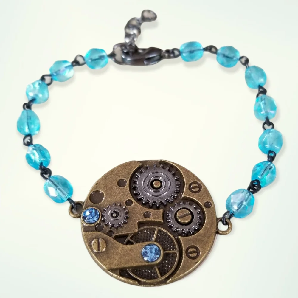 Hand Crafted Steam Punk Pendant Rosary Chain Crystal Beaded Bracelet - Picture 1 of 8